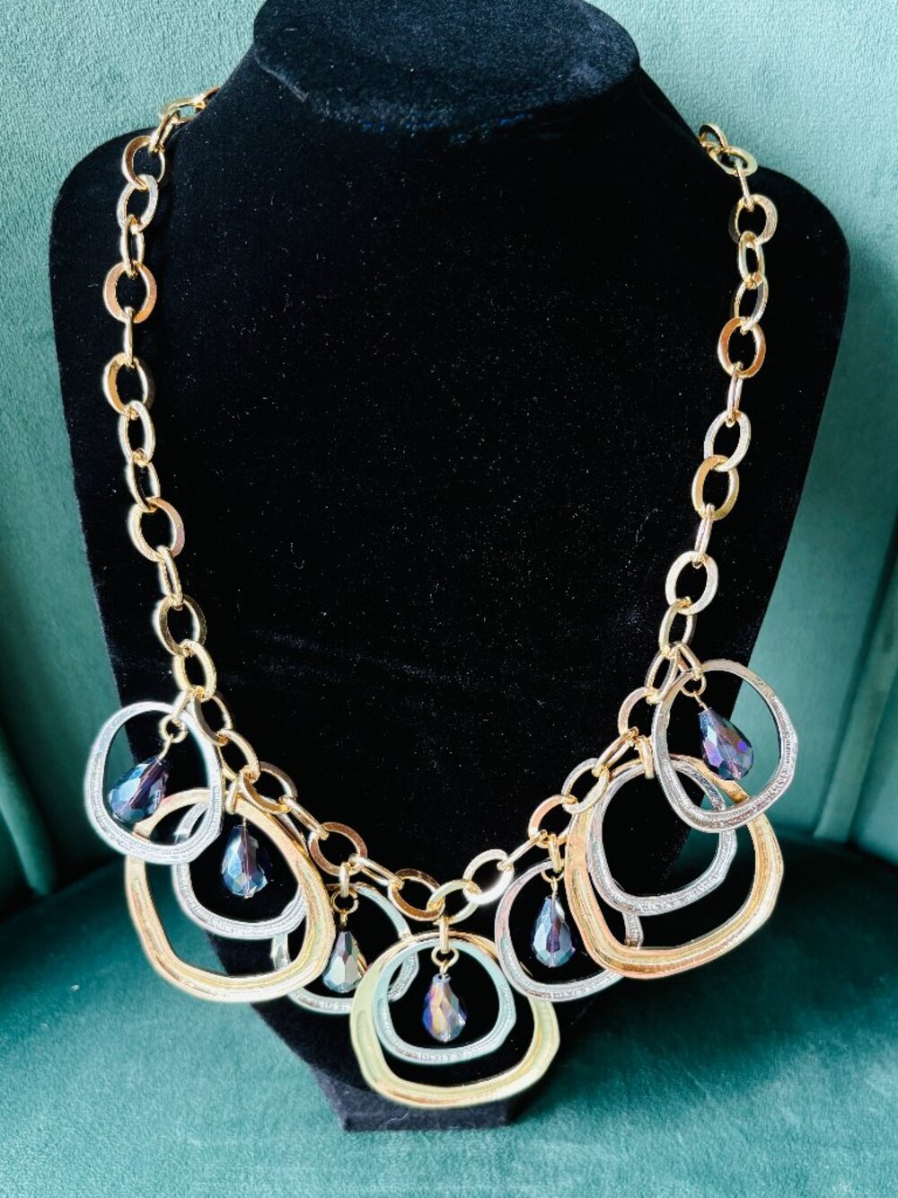 Carol Dauplaise Vintage Big Linked Necklace Circular Pendants and Glass Beads
